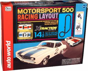 Auto World 14' Motorsport 500 Slot Race Set w/1969 Camaro and Challenger