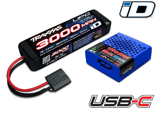 Traxxas 2S 3000mah Lipo w/USB-C Completer Pack: Titan 12T/BL-2s