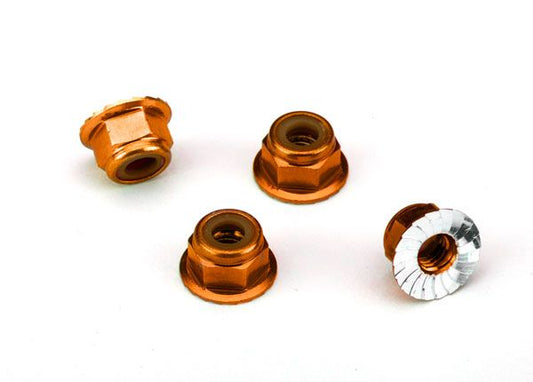 Traxxas Aluminum Nylon Flanged Serrated Nuts: 4mm (Orange)