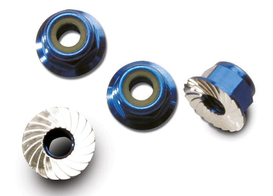 Traxxas Aluminum Flanged Serrated Nuts: 4mm (Blue)